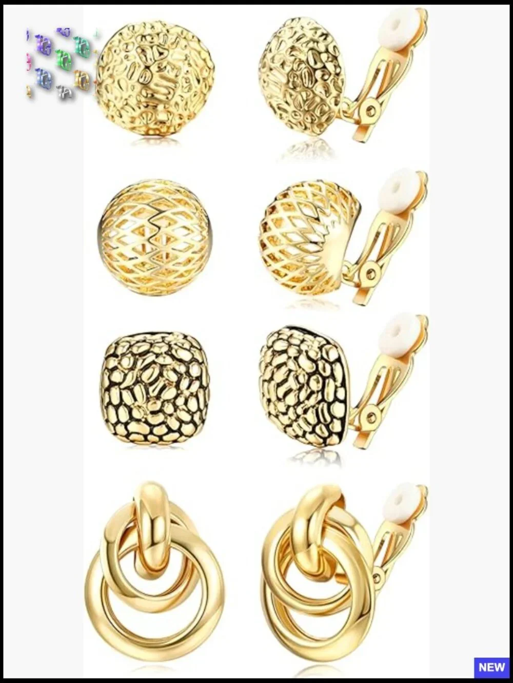 4 Pairs Clip On Earrings Set Hoop Teardrop Twist Round Stud No Piercing Fake